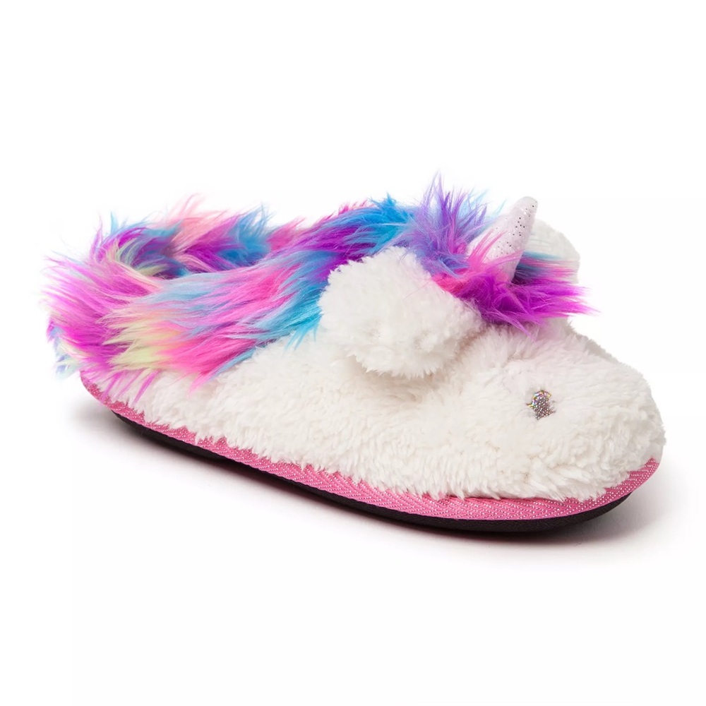 Dearfoams Unicorn Plush Slippers with Rainbow Mane size 4-5